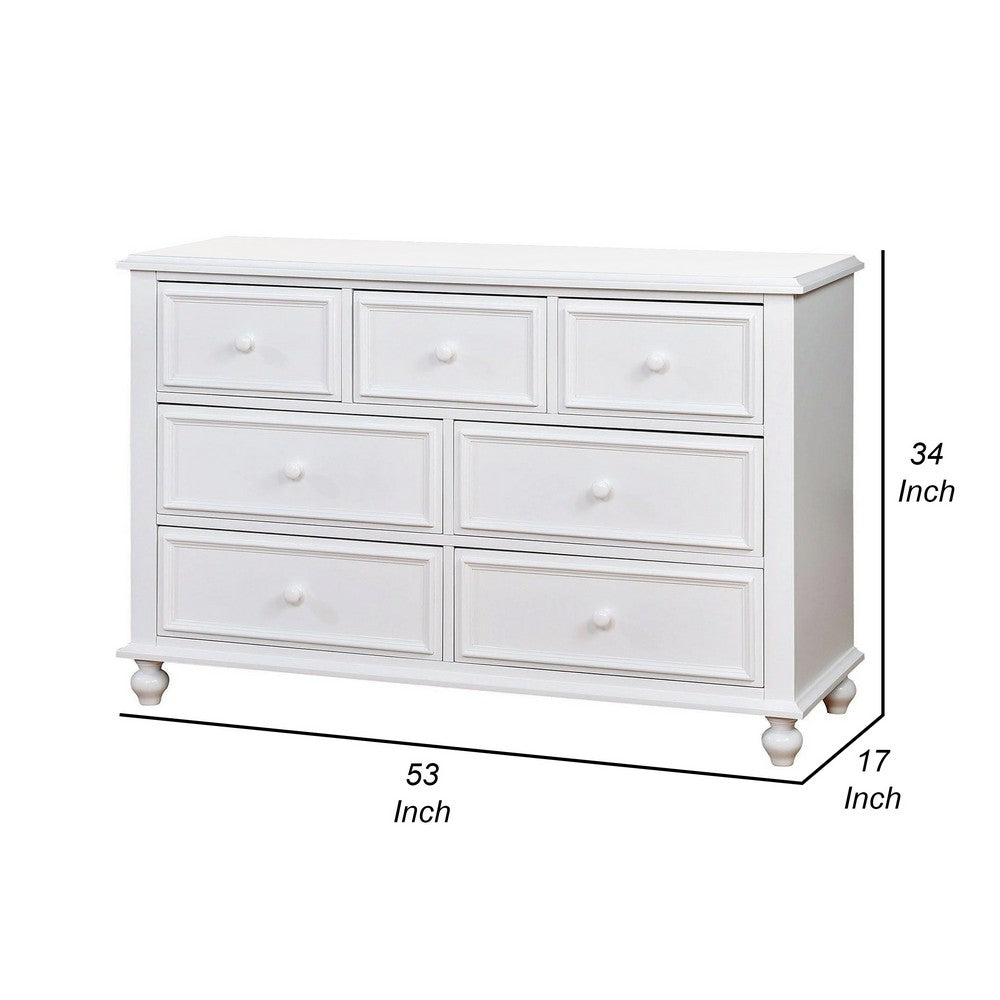 Kny Wide Dresser, 7 Drawers, Turned Feet, Traditional White Solid Wood -BM332569