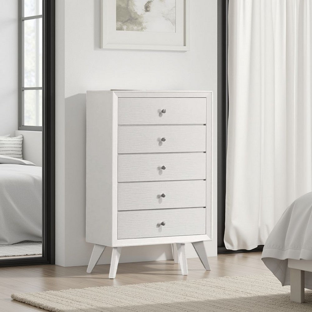 Tory Tall Dresser Chest, 5 Drawers w Bronze Knobs, Textured White Wood -BM332575