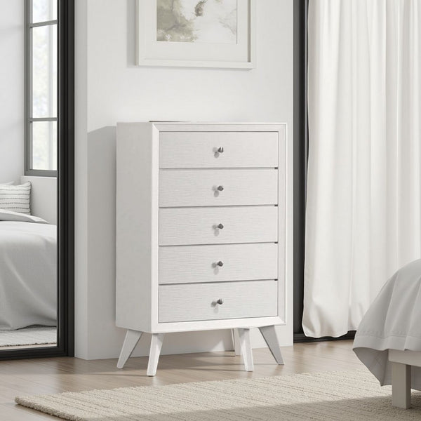 Tory Tall Dresser Chest, 5 Drawers w Bronze Knobs, Textured White Wood -BM332575