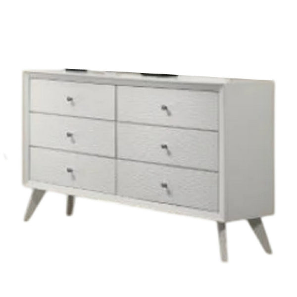 Tory Wide Dresser, 6 Drawers w Bronze Knobs, Textured White Wood -BM332576