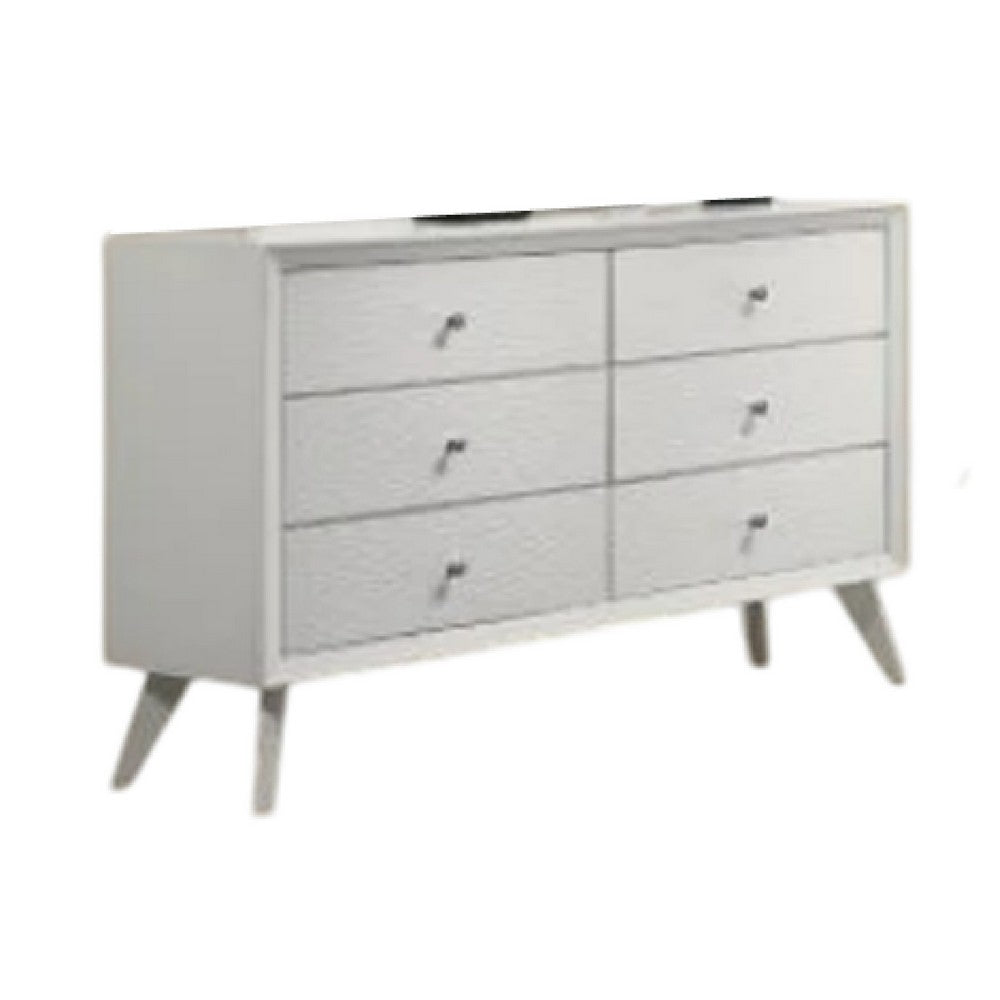 Tory Wide Dresser, 6 Drawers w Bronze Knobs, Textured White Wood -BM332576