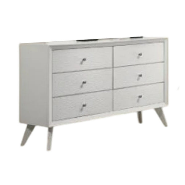 Tory Wide Dresser, 6 Drawers w Bronze Knobs, Textured White Wood -BM332576