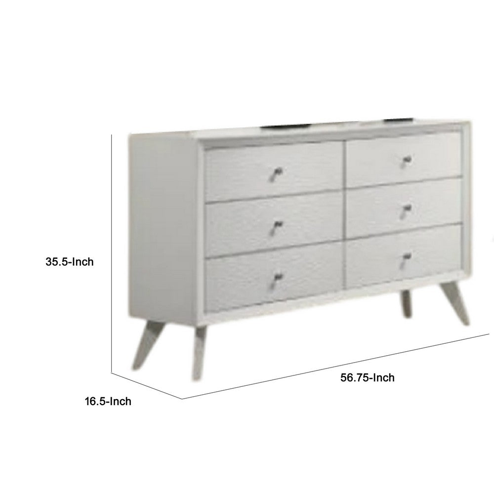 Tory Wide Dresser, 6 Drawers w Bronze Knobs, Textured White Wood -BM332576