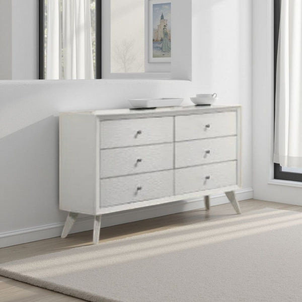 Tory Wide Dresser, 6 Drawers w Bronze Knobs, Textured White Wood -BM332576