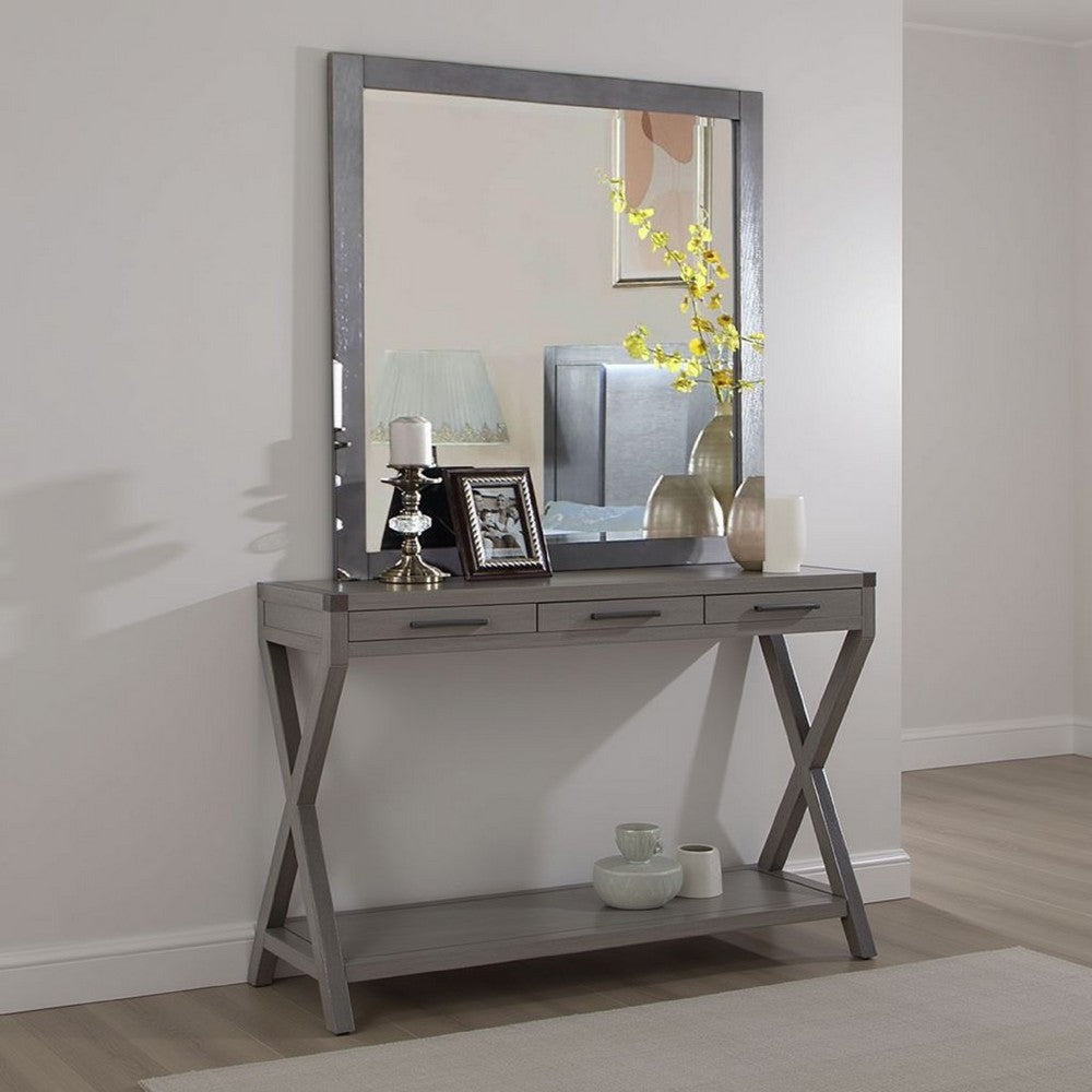 Levice Dresser Mirror, 38 Inch Rectangular, Gray Solid Wood Frame -BM332589