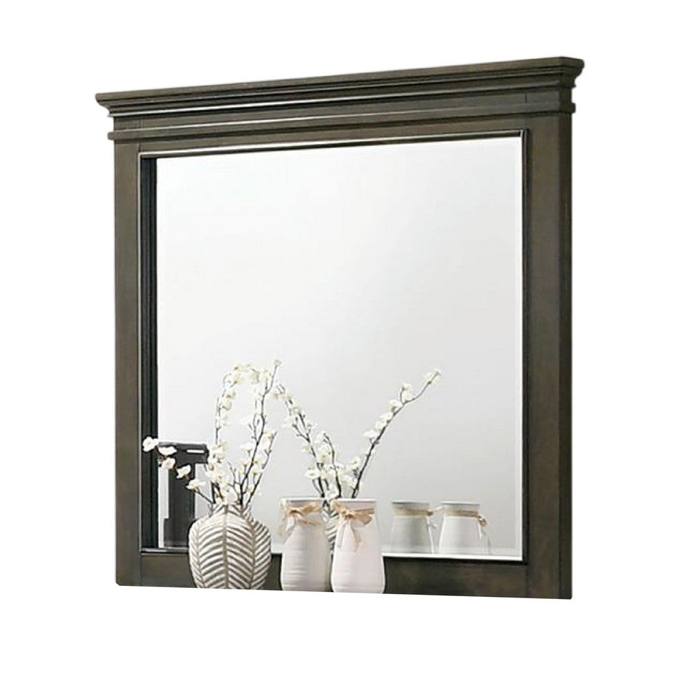 Revy Dresser Mirror, 43 Inch Gray Rubberwood Frame, Crown Molding -BM332590