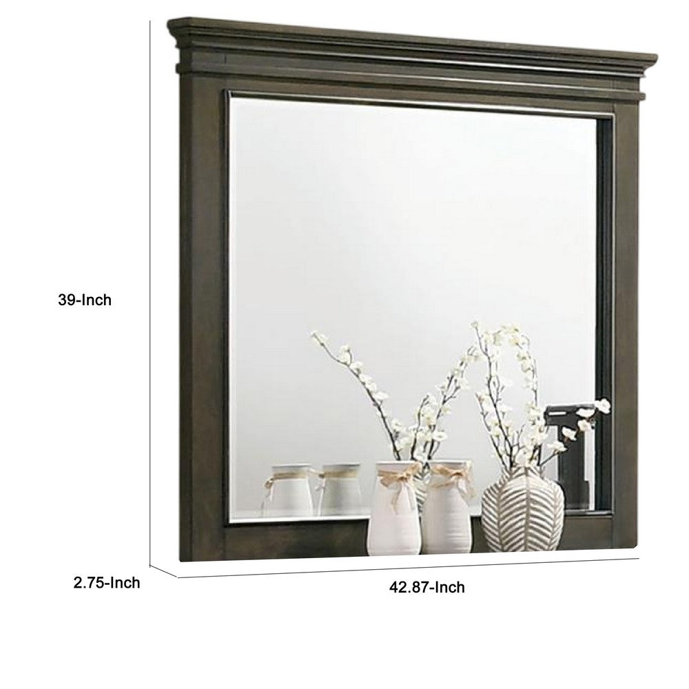 Revy Dresser Mirror, 43 Inch Gray Rubberwood Frame, Crown Molding -BM332590