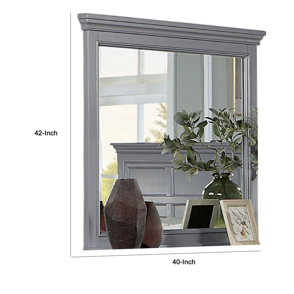 Lile Dresser Mirror w Crown Molding Frame, 42 Inch Gray Solid Wood -BM332592