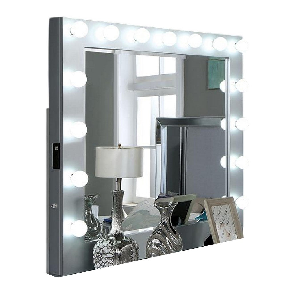 Donna Dresser Mirror w Light Bulbs, USB and Power, 44 Inch Glam Silver -BM332595