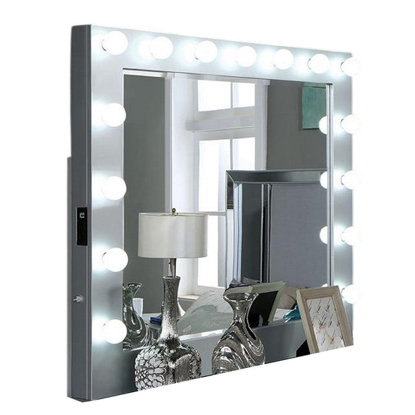 Donna Dresser Mirror w Light Bulbs, USB and Power, 44 Inch Glam Silver -BM332595