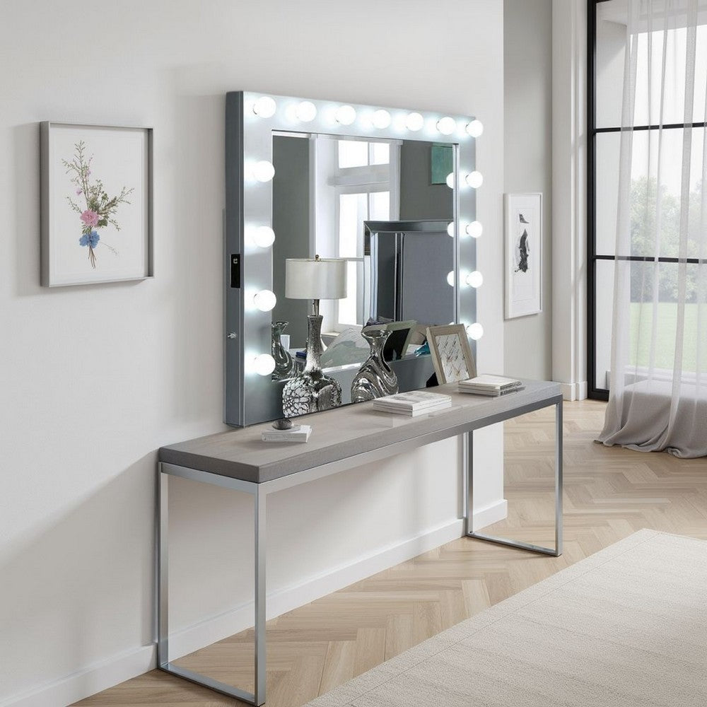 Donna Dresser Mirror w Light Bulbs, USB and Power, 44 Inch Glam Silver -BM332595