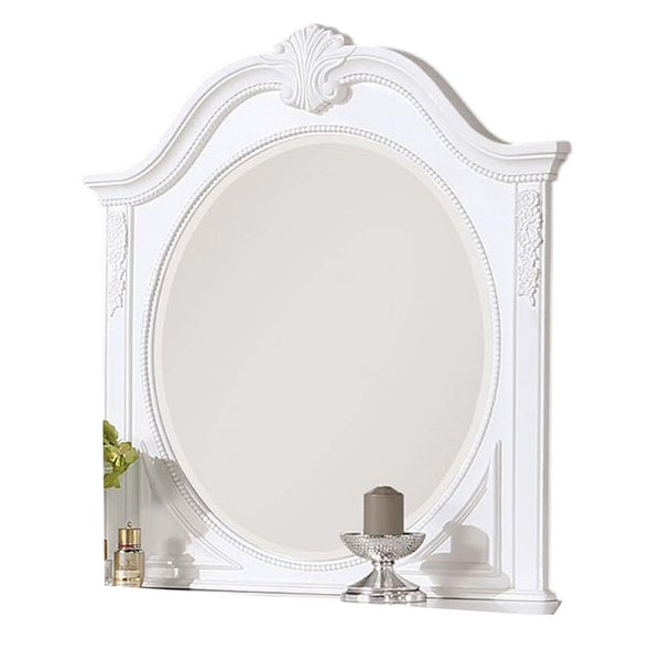 Aleci Dresser Mirror, 42 Inch Carved Frame, Classic White Solid Wood -BM332597
