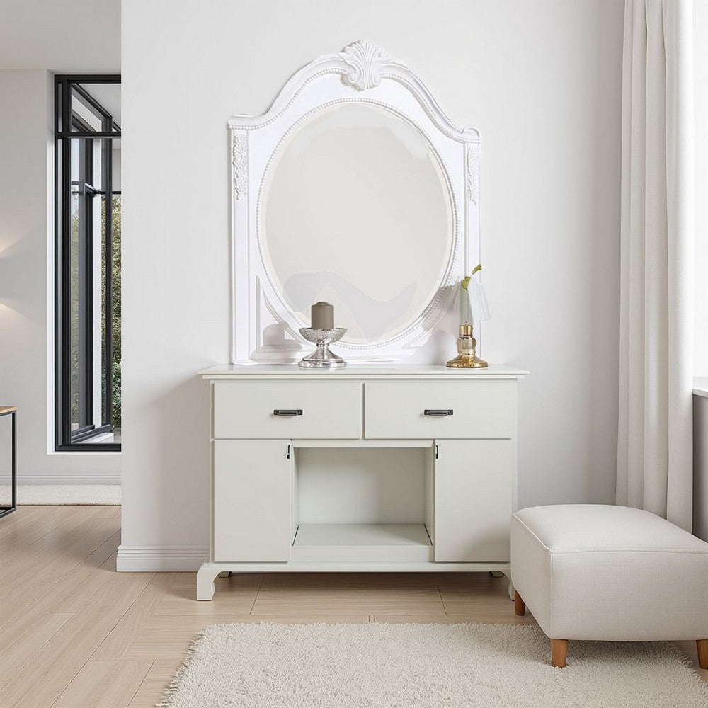 Aleci Dresser Mirror, 42 Inch Carved Frame, Classic White Solid Wood -BM332597
