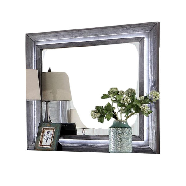 Reno Dresser Mirror, White LED Lights, 46 Inch Gray Solid Wood Frame -BM332599