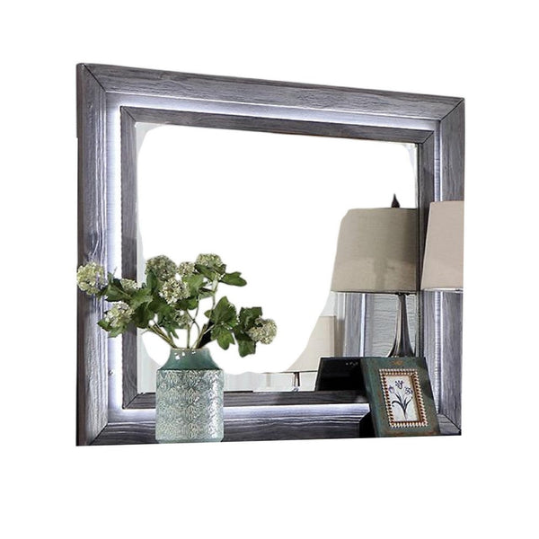 Reno Dresser Mirror, White LED Lights, 46 Inch Gray Solid Wood Frame -BM332599