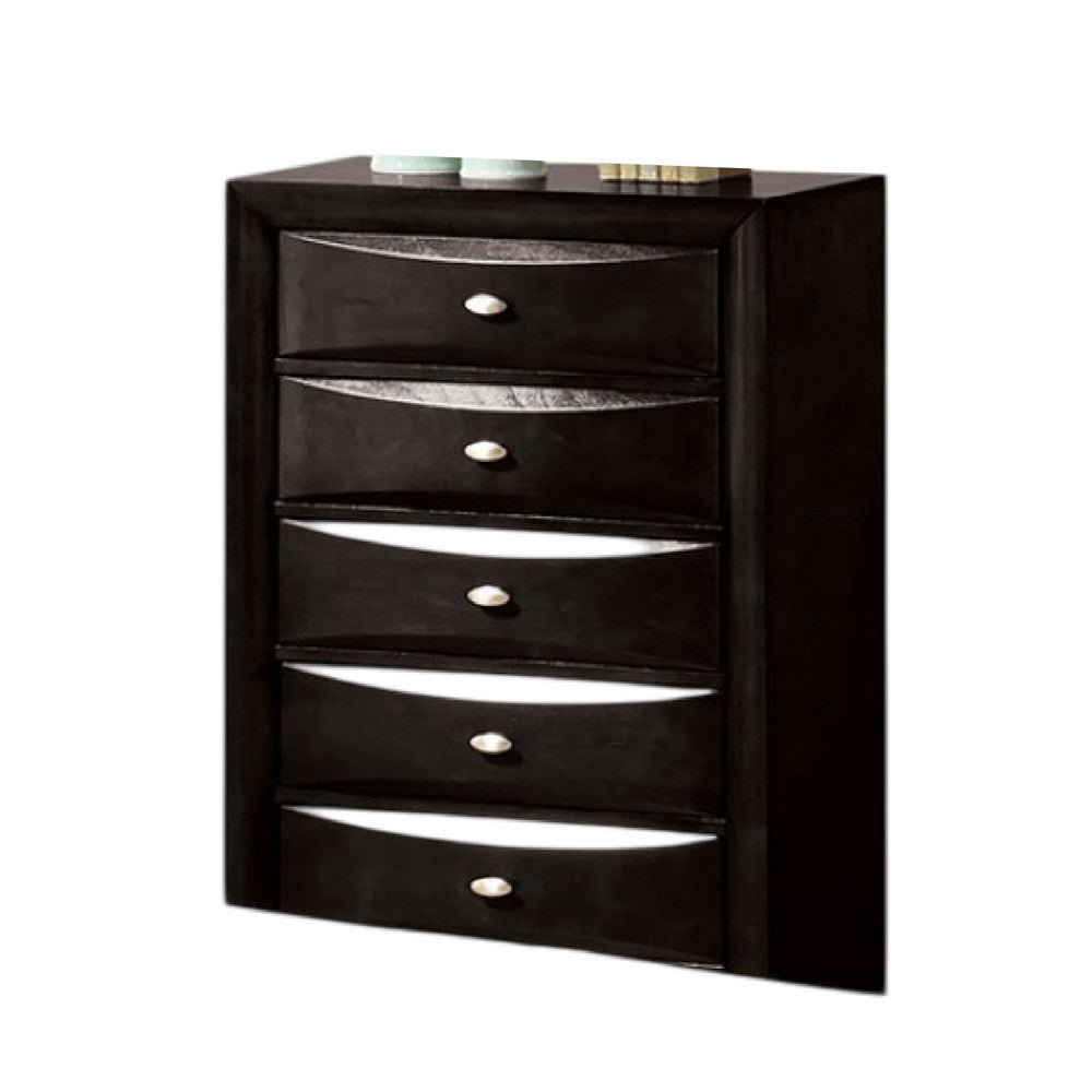 Simo Tall Dresser Chest, 5 Drawers, Chrome Handles, Modern Black Wood -BM332614
