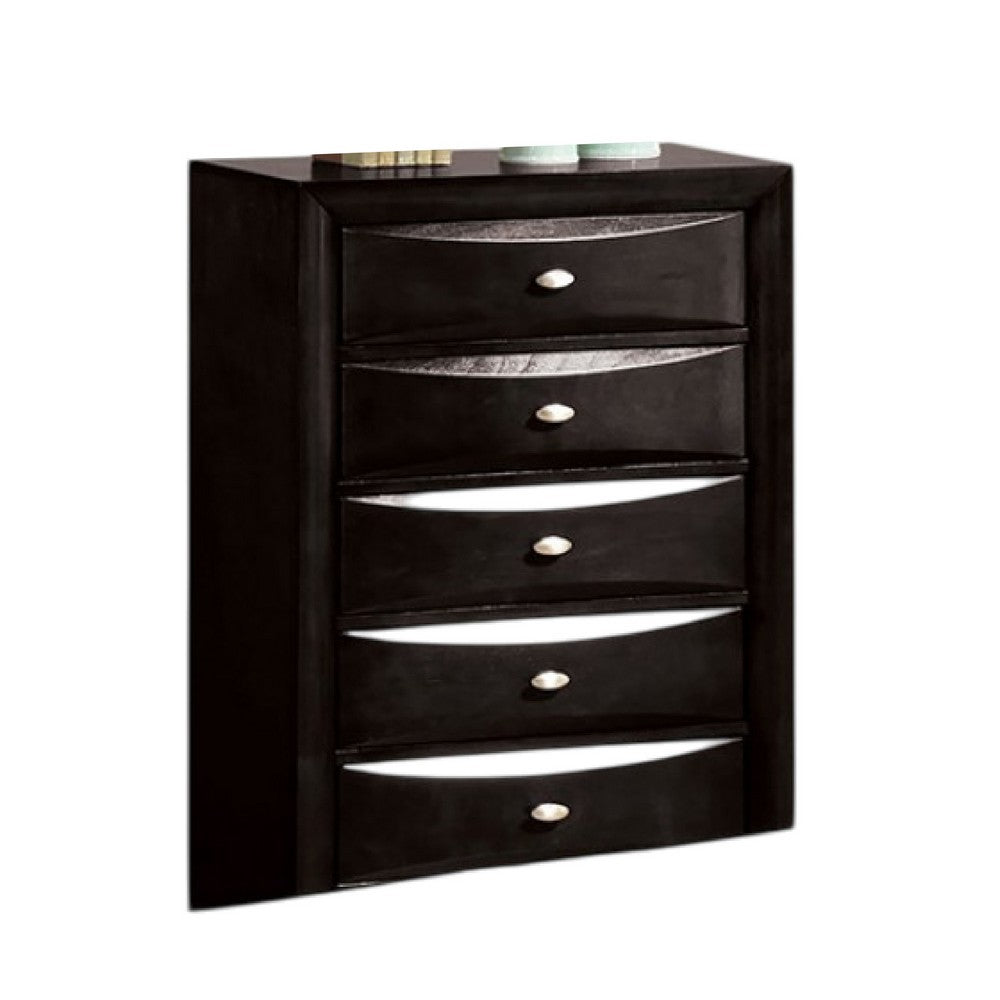 Simo Tall Dresser Chest, 5 Drawers, Chrome Handles, Modern Black Wood -BM332614