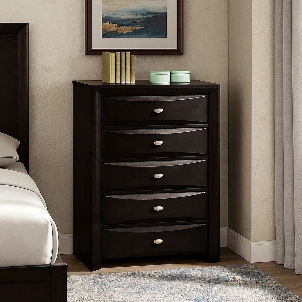 Simo Tall Dresser Chest, 5 Drawers, Chrome Handles, Modern Black Wood -BM332614