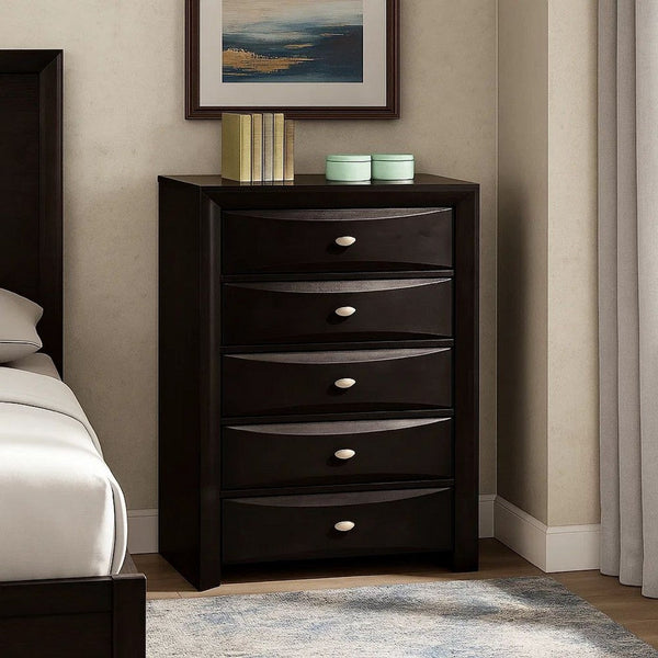 Simo Tall Dresser Chest, 5 Drawers, Chrome Handles, Modern Black Wood -BM332614