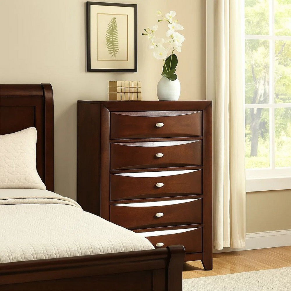 Simo Tall Dresser Chest, 5 Drawers Chrome Handles, Modern Cherry Brown -BM332616