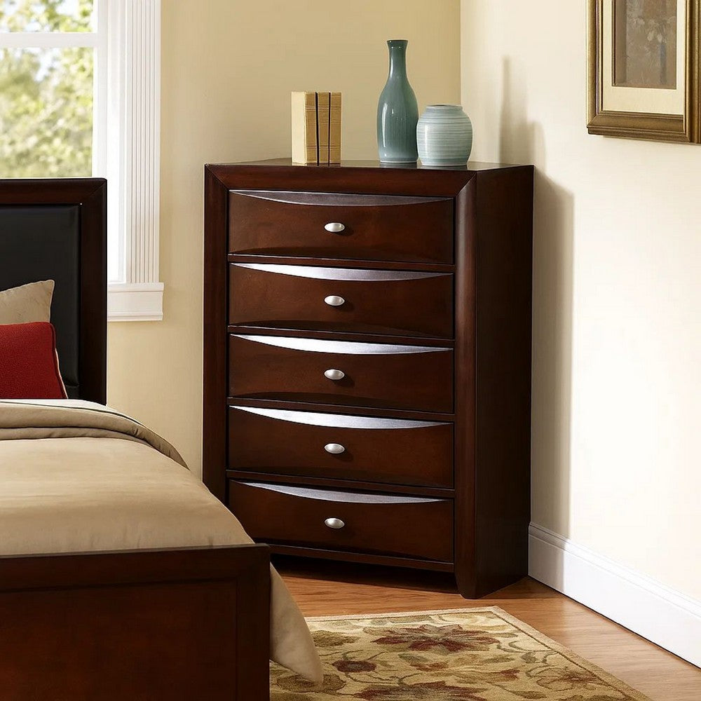 Simo Tall Dresser Chest, 5 Drawers Chrome Handles, Modern Cherry Brown -BM332616