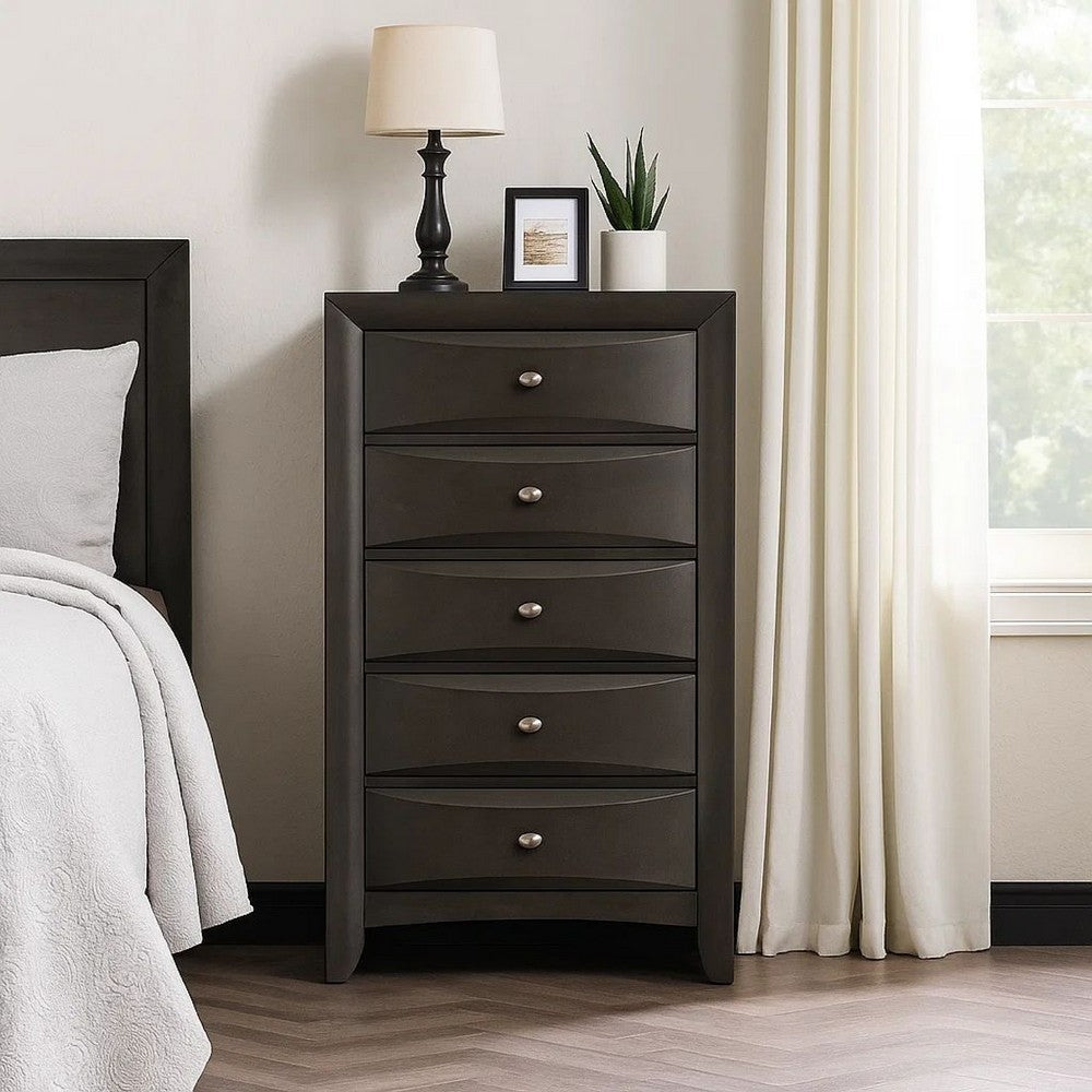 Simo Tall Dresser Chest, 5 Drawers, Chrome Handles, Modern Dark Gray -BM332618