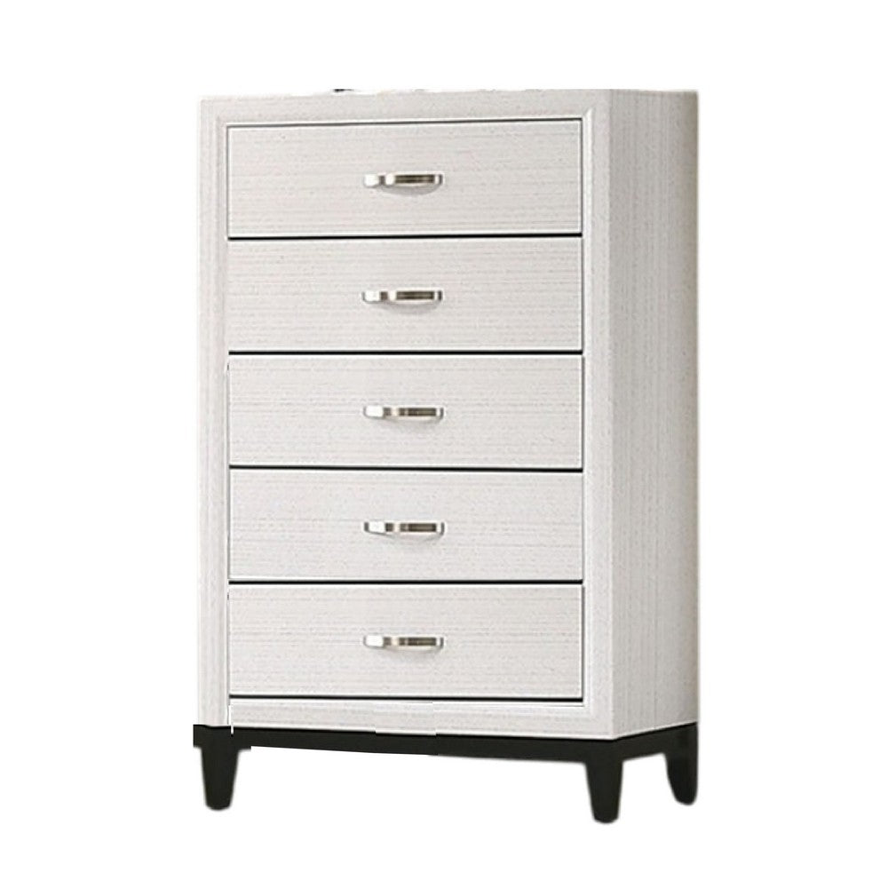 Erica Tall Dresser Chest, 5 Drawers Chrome Bar Handles, White Wood -BM332623
