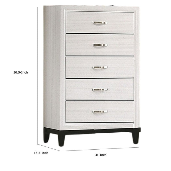 Erica Tall Dresser Chest, 5 Drawers Chrome Bar Handles, White Wood -BM332623