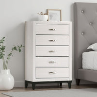 Erica Tall Dresser Chest, 5 Drawers Chrome Bar Handles, White Wood -BM332623
