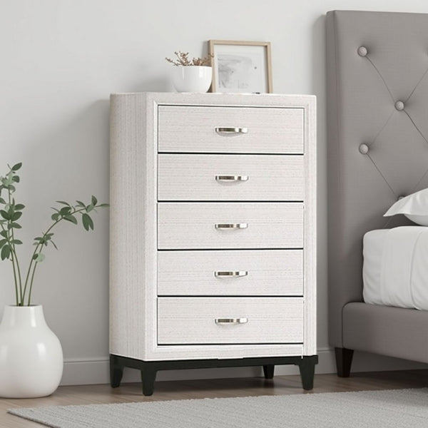 Erica Tall Dresser Chest, 5 Drawers Chrome Bar Handles, White Wood -BM332623