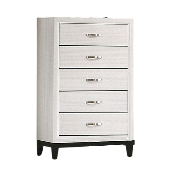 Erica Tall Dresser Chest, 5 Drawers Chrome Bar Handles, White Wood -BM332623