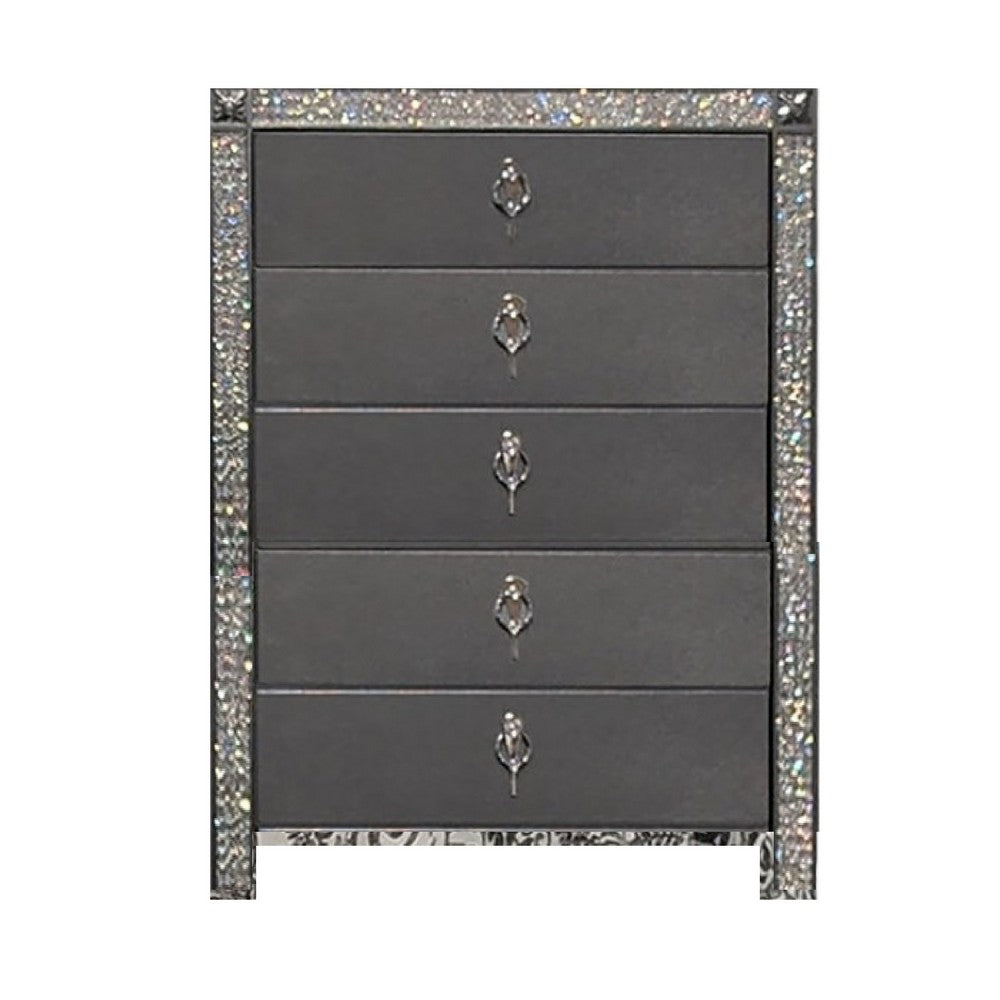 Laine Tall Dresser Chest, 5 Drawers, Crystal Trim, Gray Solid Wood -BM332625