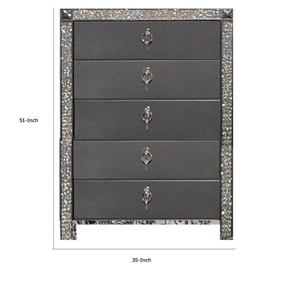Laine Tall Dresser Chest, 5 Drawers, Crystal Trim, Gray Solid Wood -BM332625