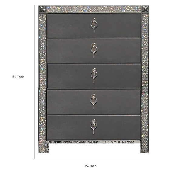 Laine Tall Dresser Chest, 5 Drawers, Crystal Trim, Gray Solid Wood -BM332625