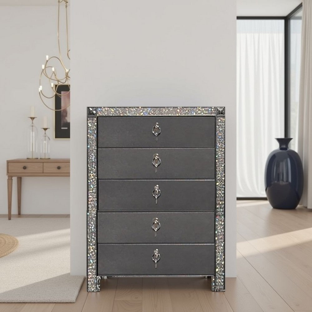 Laine Tall Dresser Chest, 5 Drawers, Crystal Trim, Gray Solid Wood -BM332625