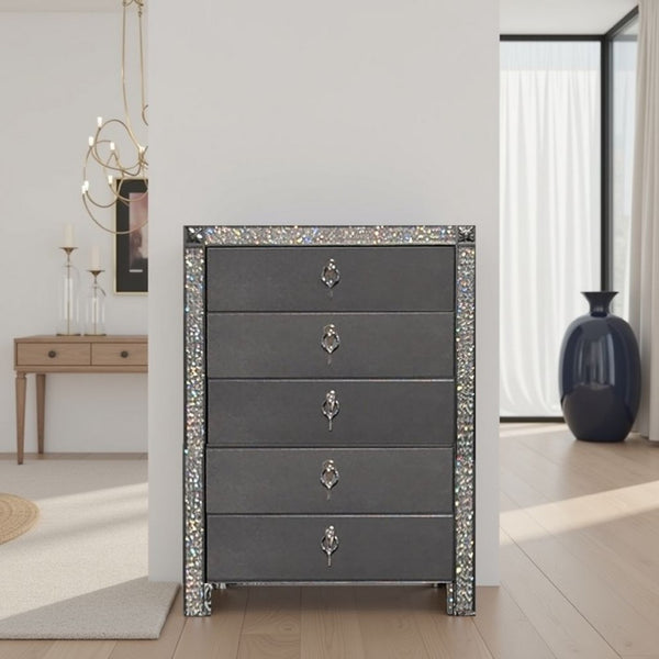 Laine Tall Dresser Chest, 5 Drawers, Crystal Trim, Gray Solid Wood -BM332625