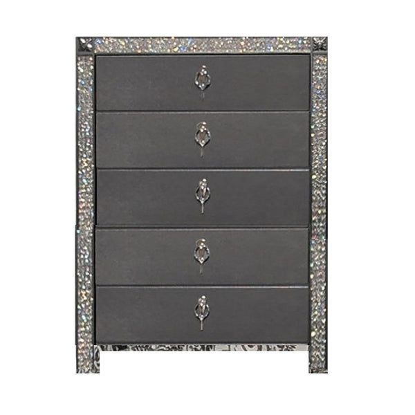 Laine Tall Dresser Chest, 5 Drawers, Crystal Trim, Gray Solid Wood -BM332625
