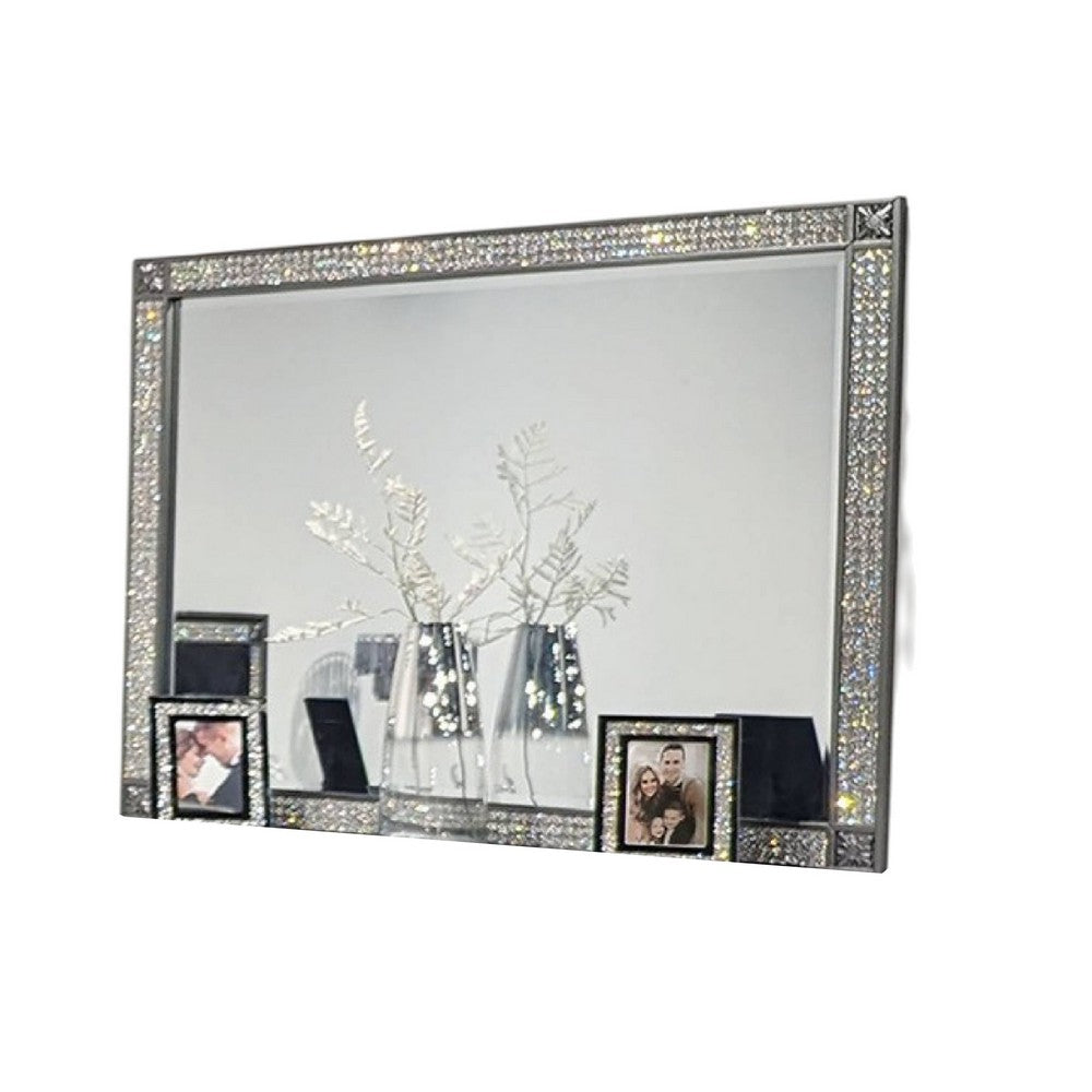 Laine Dresser Mirror, Crystal Trim Frame, 46 Inch Gray Solid Wood -BM332626