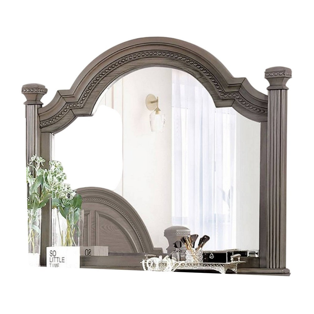 Pamy Dresser Vanity Mirror, Reeded Posts, 49 Inch Gray Bell Top Frame -BM332631