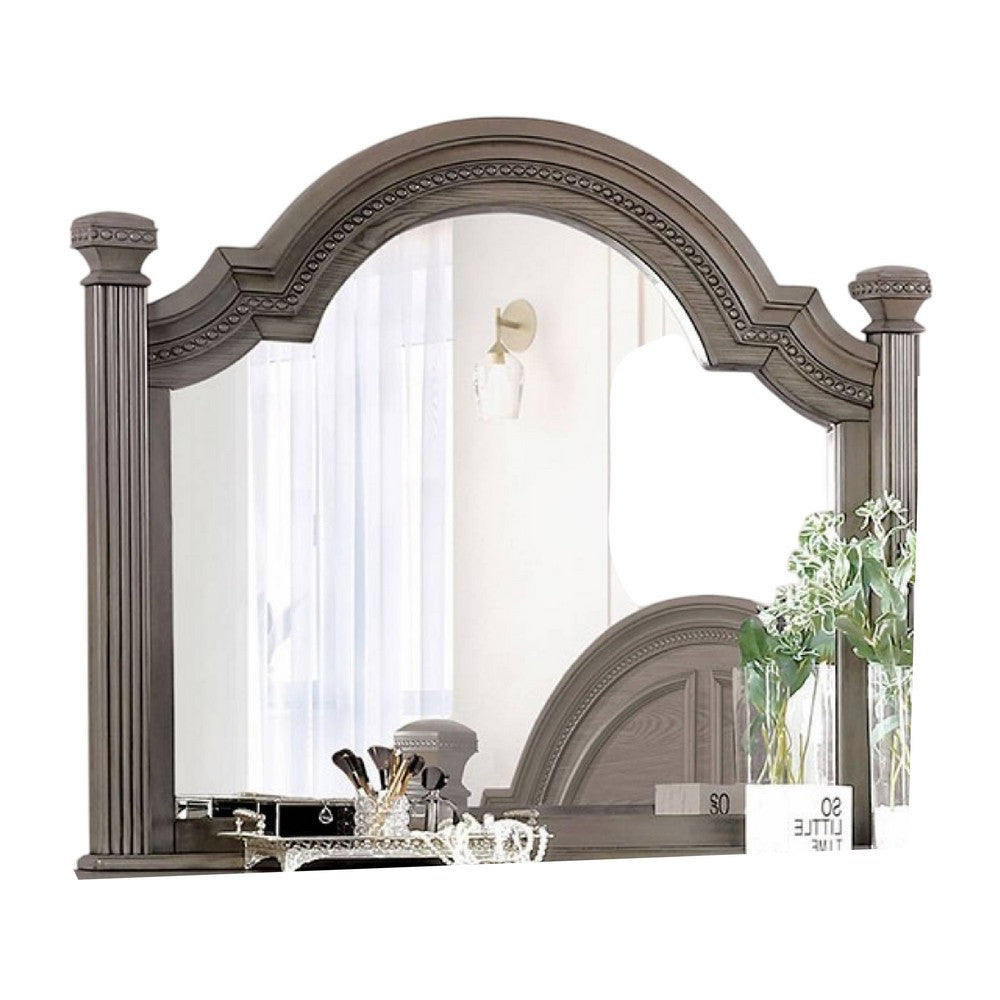 Pamy Dresser Vanity Mirror, Reeded Posts, 49 Inch Gray Bell Top Frame -BM332631