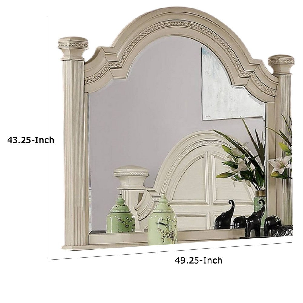 Benzara Pamy Dresser Mirror, Reeded Posts, 49 Inch Antique White Bell Frame -| BM332632