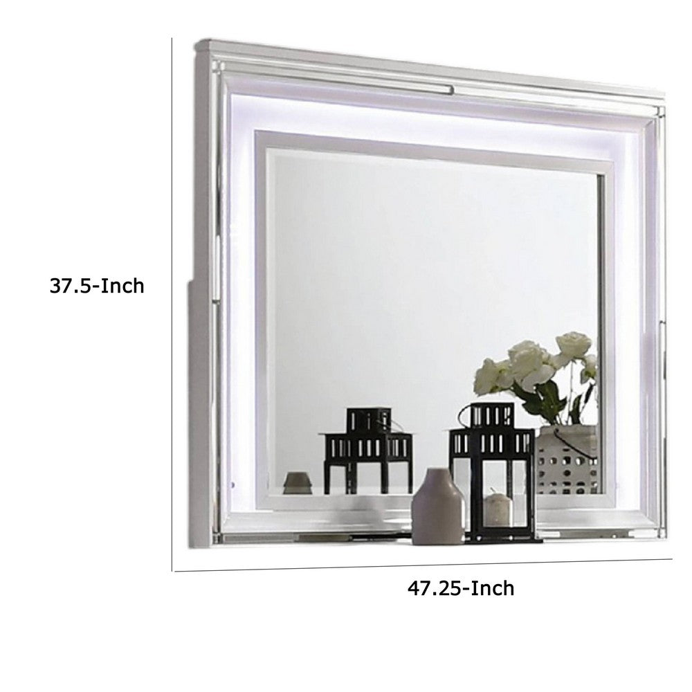 Lin Dresser Mirror with LED Lights, 47 Inch White Solid Wood Frame -BM332633