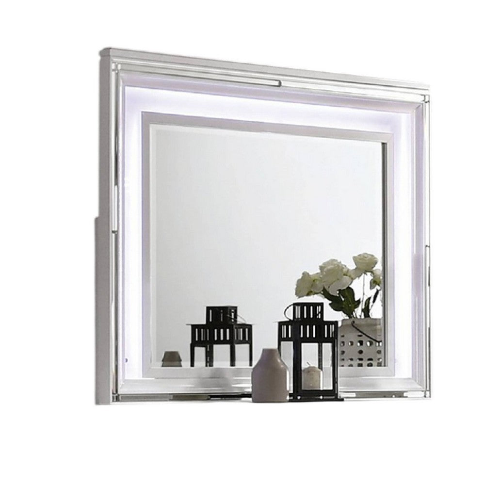 Lin Dresser Mirror with LED Lights, 47 Inch White Solid Wood Frame -BM332633