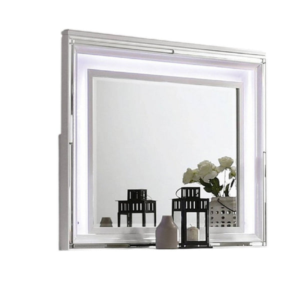Lin Dresser Mirror with LED Lights, 47 Inch White Solid Wood Frame -BM332633