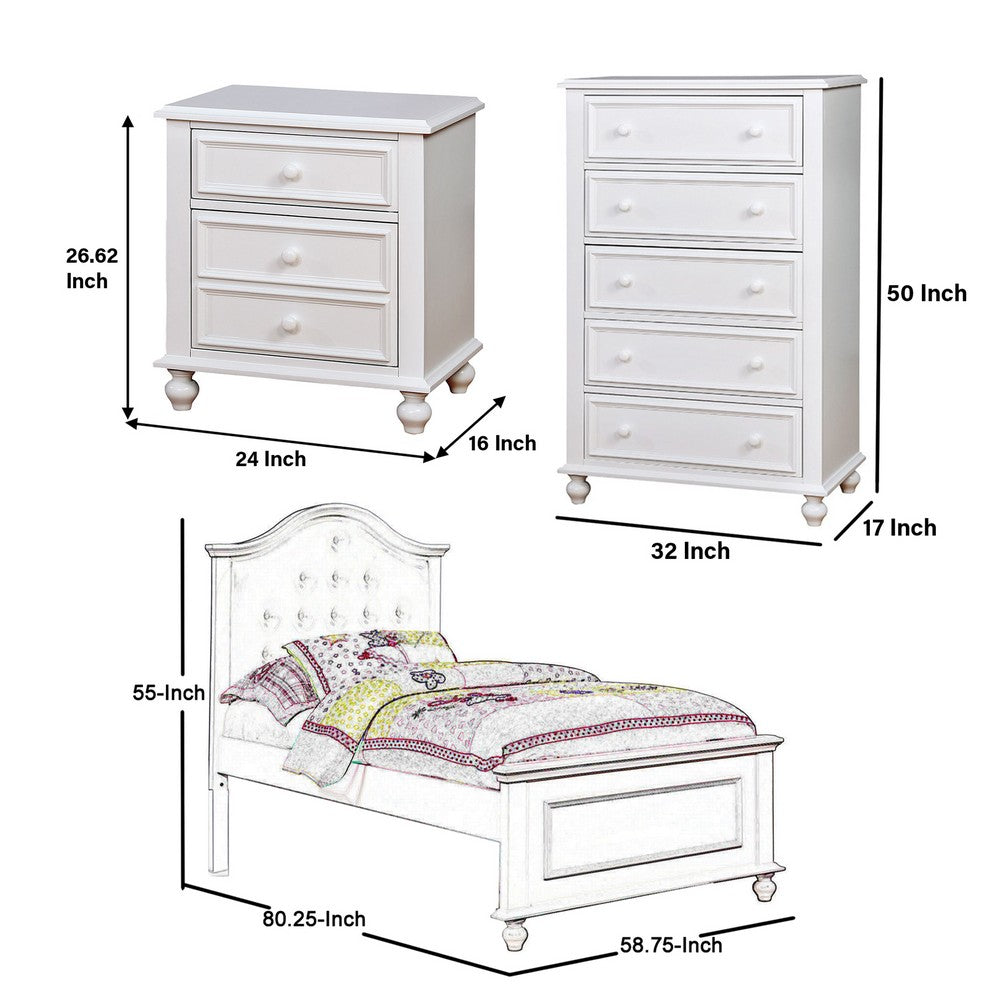 Aure 3 Pc Full Size Kids Bedroom Set, Curved Tufted Headboard, White - BM332721