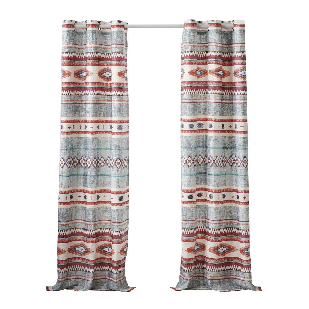 Pimi 2 Panel Curtain Set, Boho Stripes Red White Gray, Microfiber -BM332765