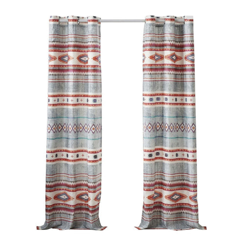 Pimi 2 Panel Curtain Set, Boho Stripes Red White Gray, Microfiber -BM332765