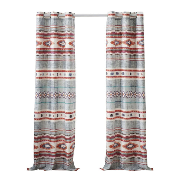 Pimi 2 Panel Curtain Set, Boho Stripes Red White Gray, Microfiber -BM332765