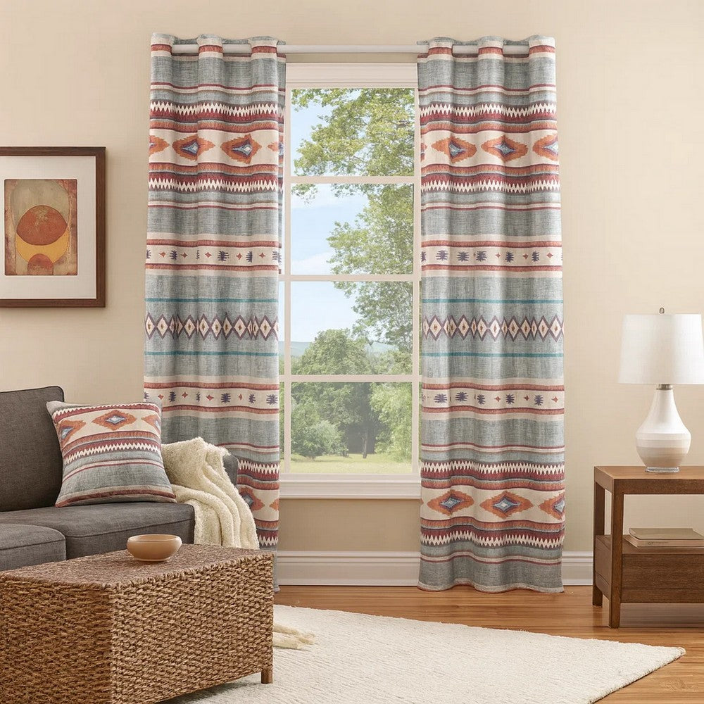 Pimi 2 Panel Curtain Set, Boho Stripes Red White Gray, Microfiber -BM332765