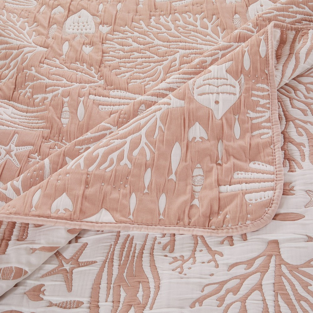 Amy 3 Piece Queen Quilt Set, Coastal Theme, Soft Pink White Polyester -BM332769